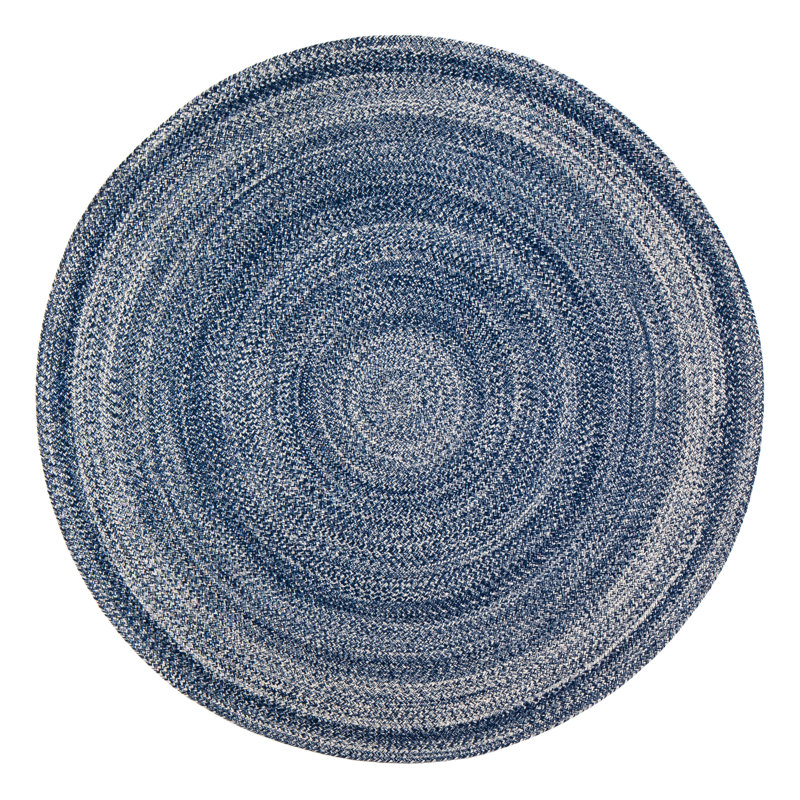 Highland Dunes Round Geometric Handmade Braided Area Rug in Blue